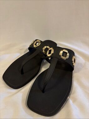 Larroude Black Sandal Thong with Gold Accents